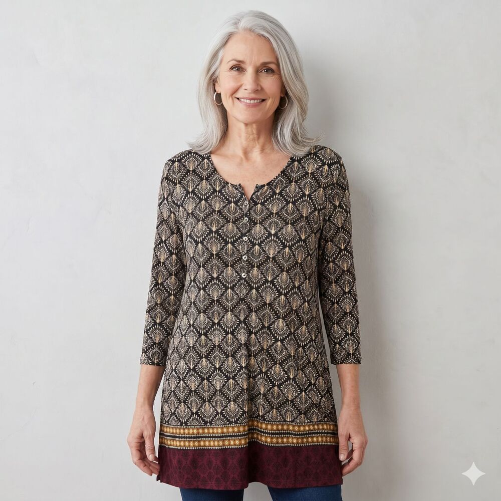 J.Jill Tunic Blouse XL Boho Geometric Medallion Print 3/4 Sleeve Henley